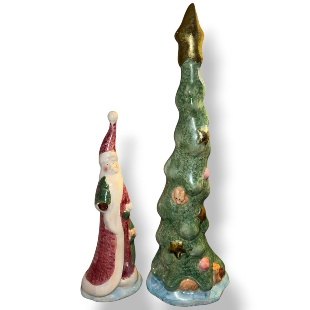 Vintage Ceramic Shiny Santa and Christmas Tree Figurines Whimsical Holiday Decor - Picture 8 of 8